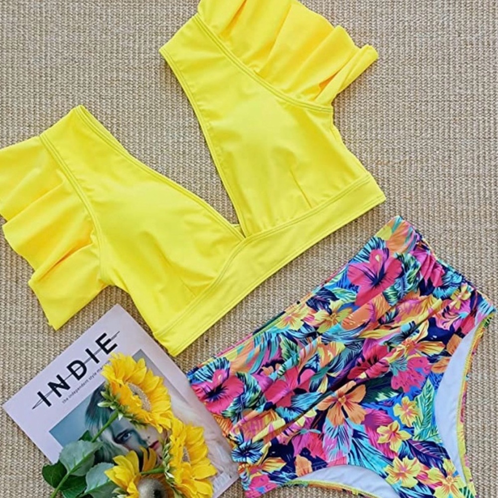 Yellow Ruffle Off-Shoulder Bikini Top with Floral High-Waist Bottoms